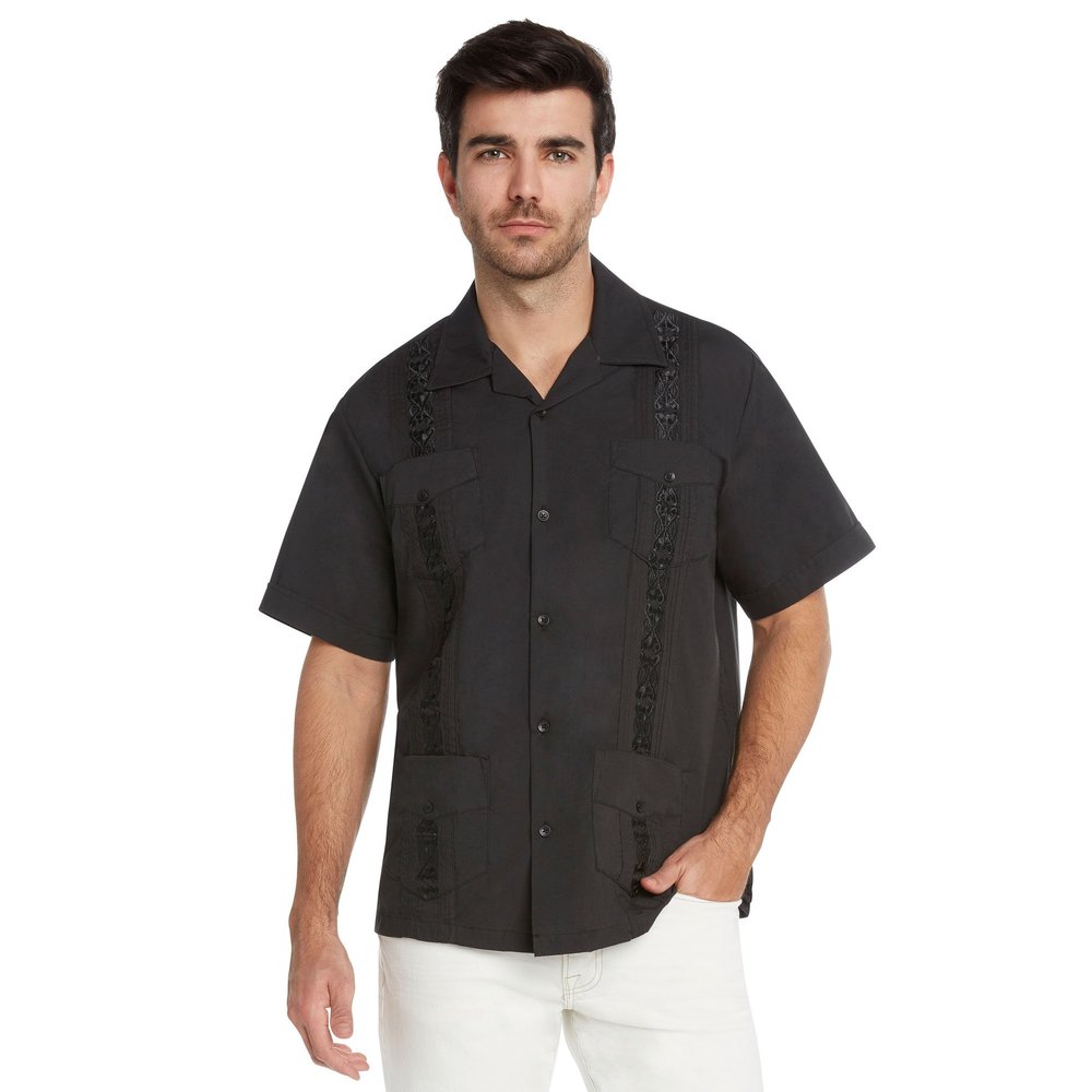 9 Crowns Essentials Men's Guayabera Button Down Shirt-Black-Medium
