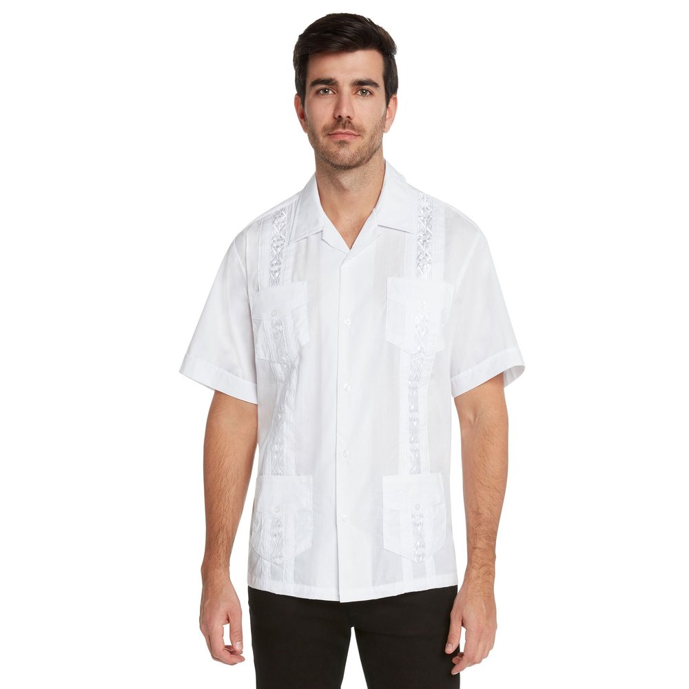 9 Crowns Essentials Men's Guayabera Button Down Shirt-White-Large