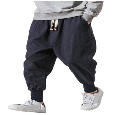 LifeHe Men Linen Drop Crotch Wide Leg Baggy Harem Pants (Blue, L)