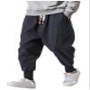 LifeHe Men Linen Drop Crotch Wide Leg Baggy Harem Pants (Blue, L) view 1