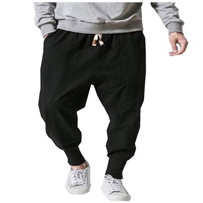 LifeHe Men Linen Drop Crotch Wide Leg Baggy Harem Pants (Black, XXL)