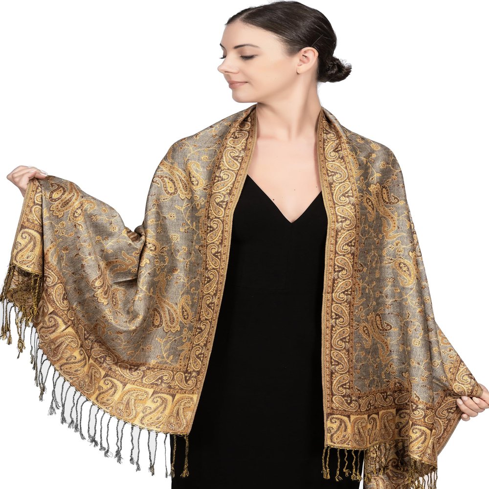 Achillea Soft Silky Reversible Paisley Pashmina Shawl Wrap Scarf w/Fringes (Grey Bronze)