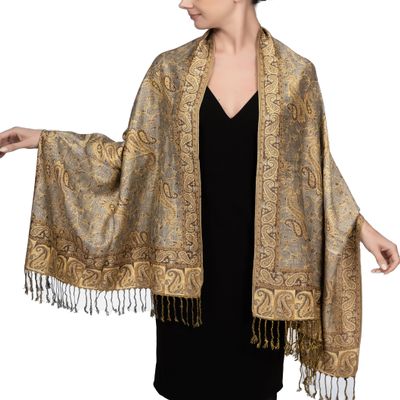 Achillea Soft Silky Reversible Paisley Pashmina Shawl Wrap Scarf w/Fringes (Grey Gold)