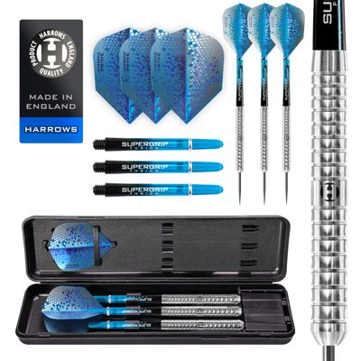 Harrows Pulse 90% Tungsten Steel Tip Darts Set 21g, 22g, 23g, 24g, 25g & 26g - Includes Recessed Curve Grip, Aqua Supergrip Fusion Shafts, Prime Flights & Travel Case (22, Grams)