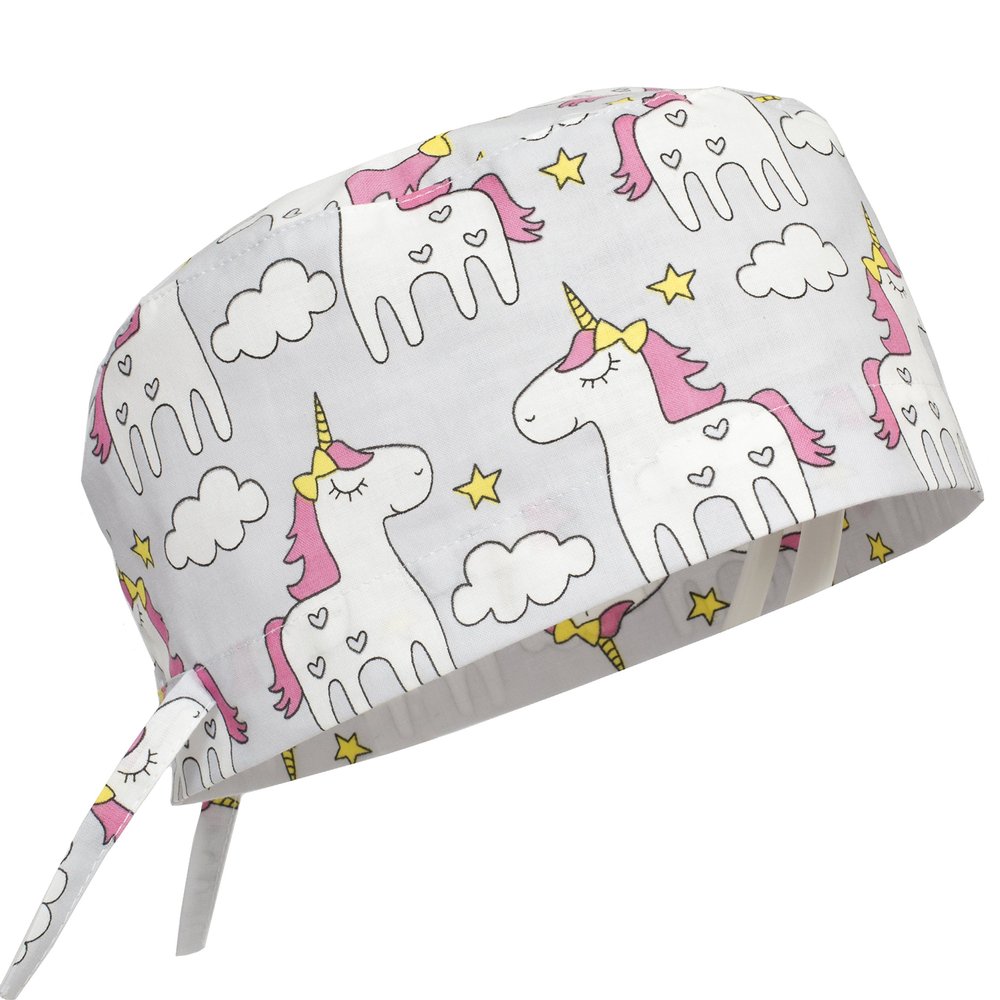 Scrub Cap Hat Unisex Animal Print Uniform Unicorn (Grey)