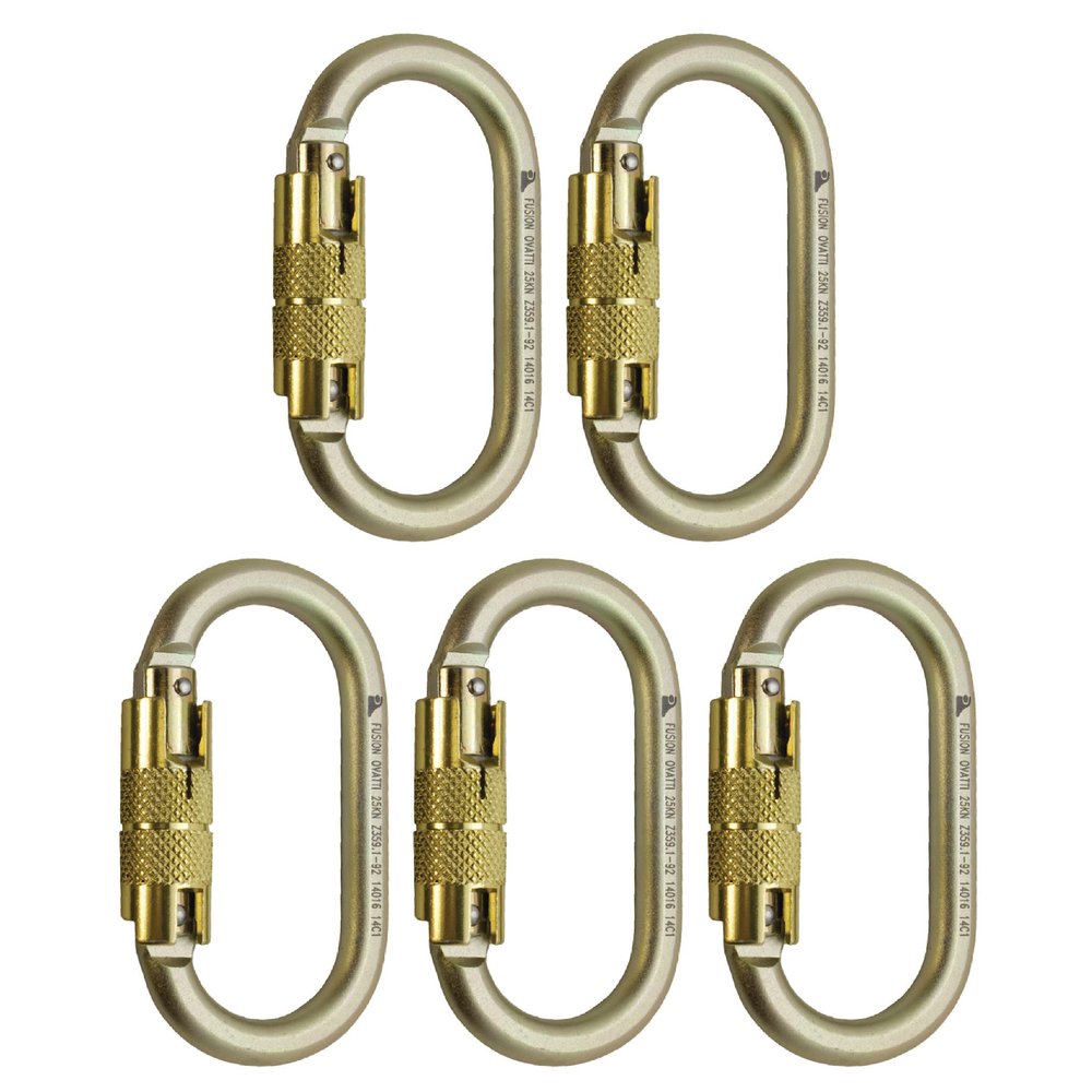 Auto Locking Carabiner 25KN (5-Pack) - Fusion Climb Ovatti - Professional Rock Climbing - Heavy Duty Steel Clip - Auto Locking Carabiner for Climbing, Rappelling, D Shaped - UIAA ANSI Compliant