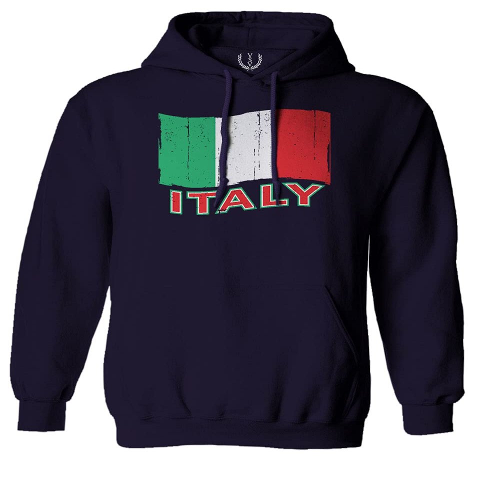 0039. Italia Vintage Distressed Italy Italian National Flag Sweatshirt Pullover Hoodie (Navy, Small)