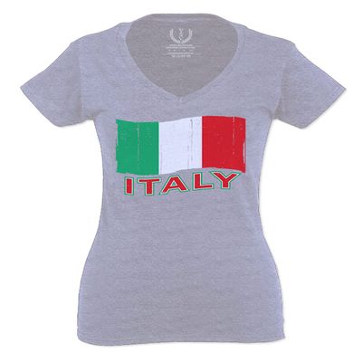 0039. Italia Vintage Distressed Italy Italian National Flag for Women V Neck Fitted T Shirt (Light Gray Medium)