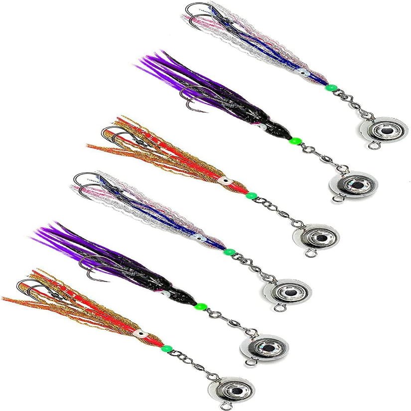Fluke Ball Jigs 4oz, 6 Sets with Hoochie Stinger Rigs, for Saltwater Bottom Fishing, Ideal for Fluke, Halibut, Sea Bass & Inshore Game Fish
