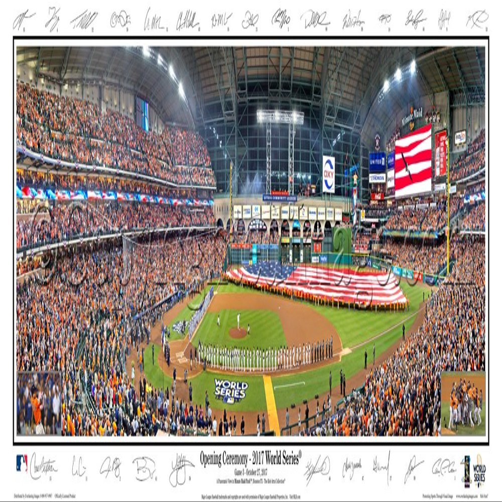 2017 World Series Majesty Houston Astros Minute Maid Park with Signature Field Stadium - 13.5x39 Panoramic Poster. Frame Dimensions 15.5x41 Deluxe Brown Mahogany Wood Frame with Plexi Glass #2119