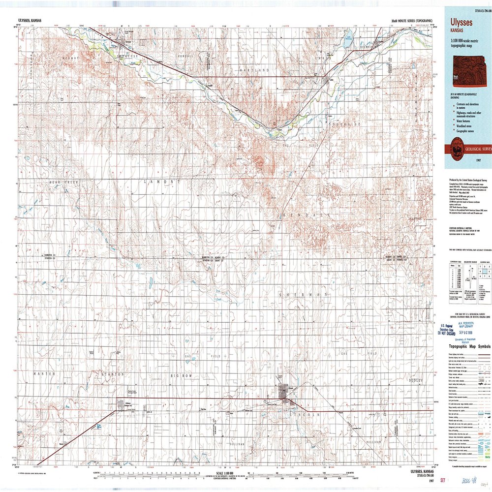 YellowMaps Ulysses KS topo map, 1:100000 Scale, 30 X 60 Minute, Historical, 1987, Updated 1988, 24.55 x 41.1 in - Tyvek