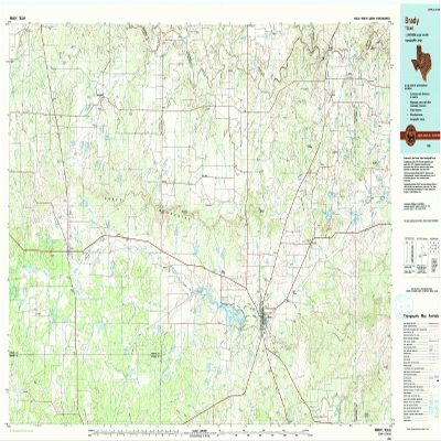YellowMaps Brady TX topo map, 1:100000 Scale, 30 X 60 Minute, Historical, 1985, Updated 1992, 24.1 x 43.4 in - Tyvek