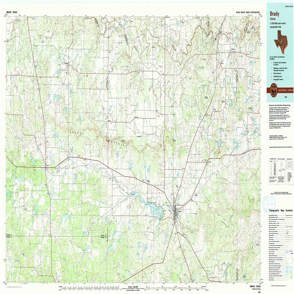 YellowMaps Brady TX topo map, 1:100000 Scale, 30 X 60 Minute, Historical, 1985, Updated 1992, 24.1 x 43.4 in - Tyvek
