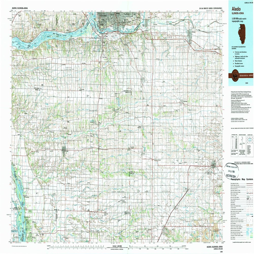 YellowMaps Aledo IL topo map, 1:100000 Scale, 30 X 60 Minute, Historical, 1989, Updated 1989, 24.1 x 39.8 in - Tyvek