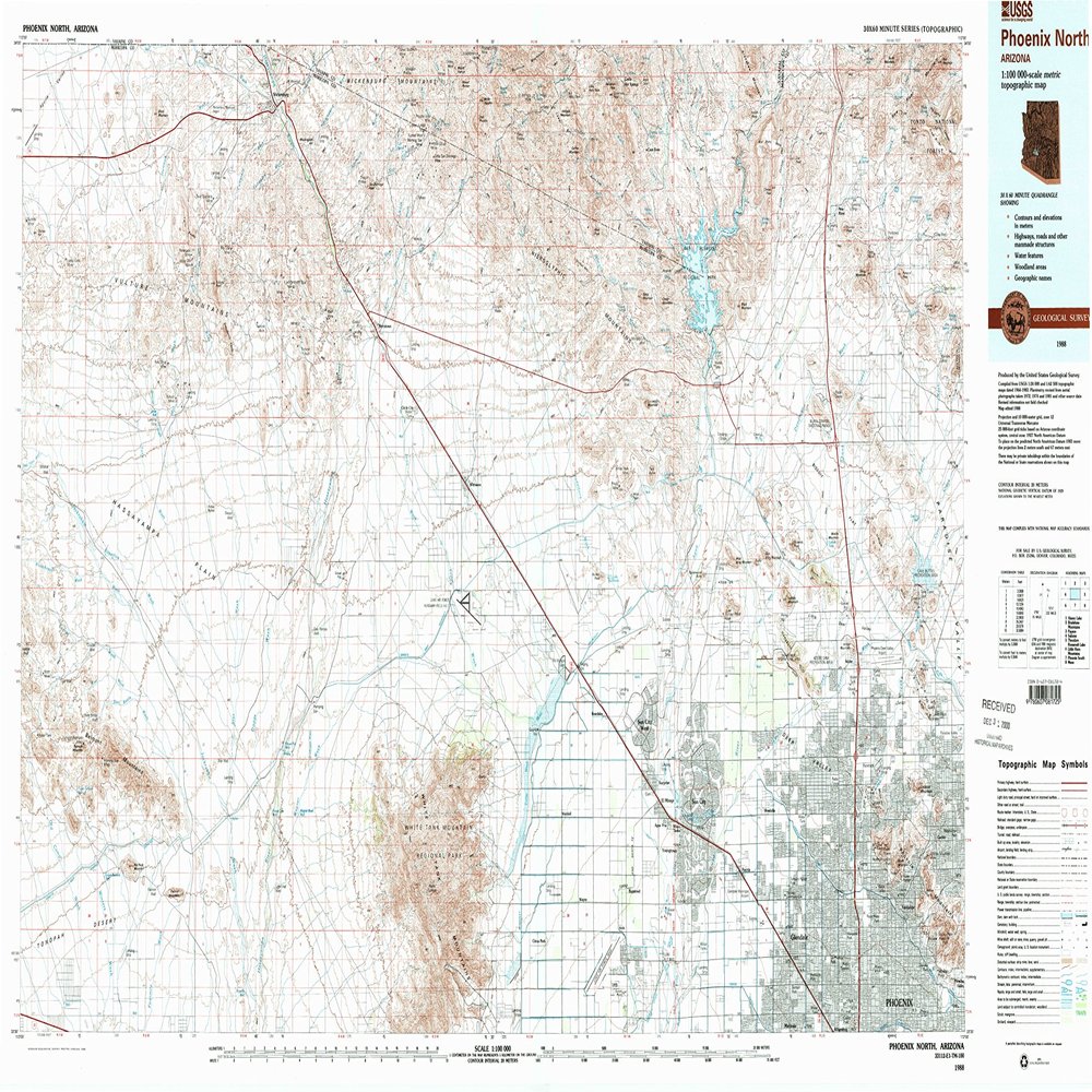 YellowMaps Phoenix North AZ topo map, 1:100000 Scale, 30 X 60 Minute, Historical, 1988, Updated 1989, 24.1 x 42.3 in - Tyvek