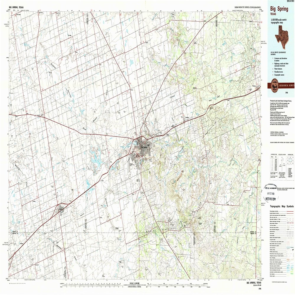 YellowMaps Big Spring TX topo map, 1:100000 Scale, 30 X 60 Minute, Historical, 1986, Updated 1989, 24.1 x 43.4 in - Tyvek