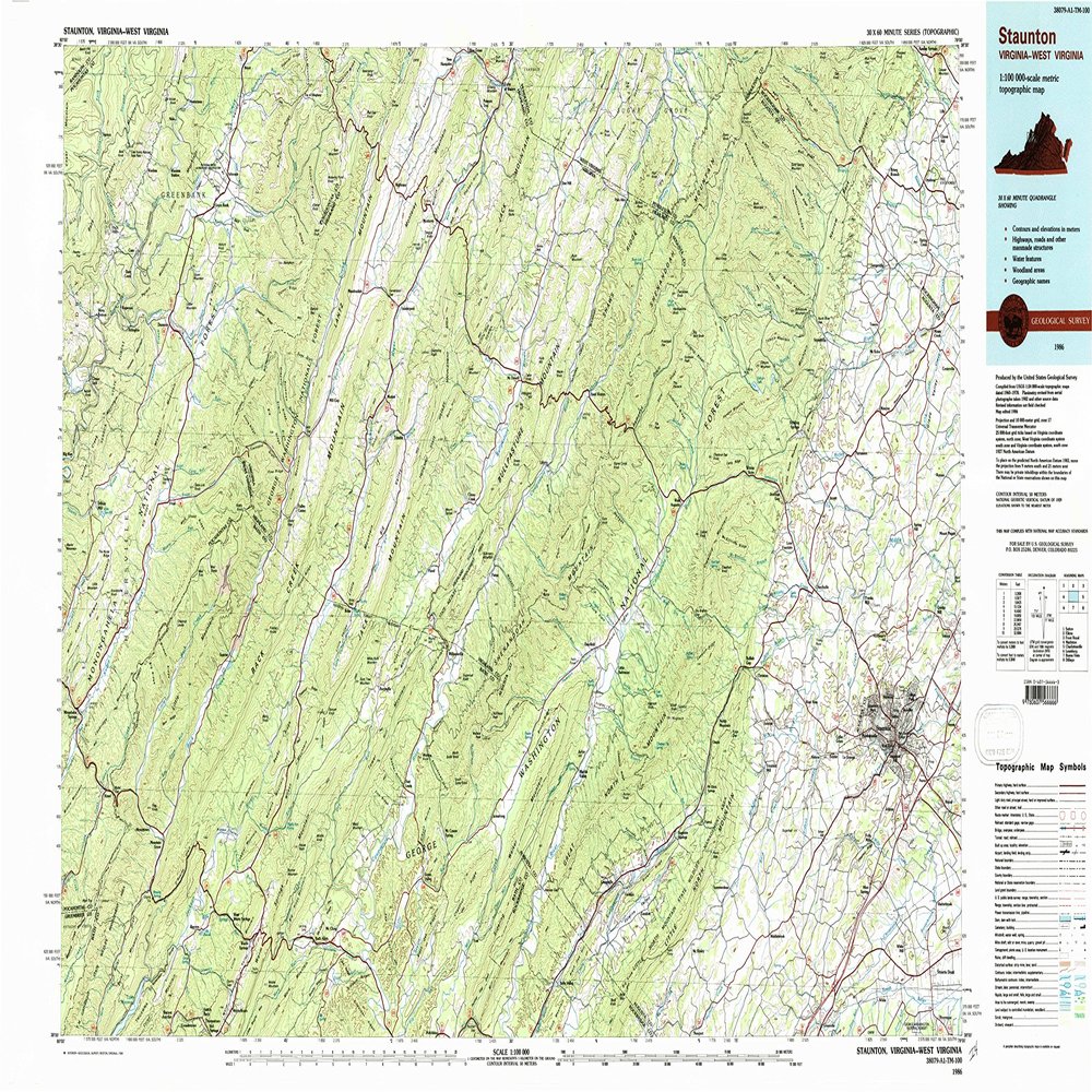 YellowMaps Staunton VA topo map, 1:100000 Scale, 30 X 60 Minute, Historical, 1986, Updated 1989, 24.1 x 42 in - Tyvek