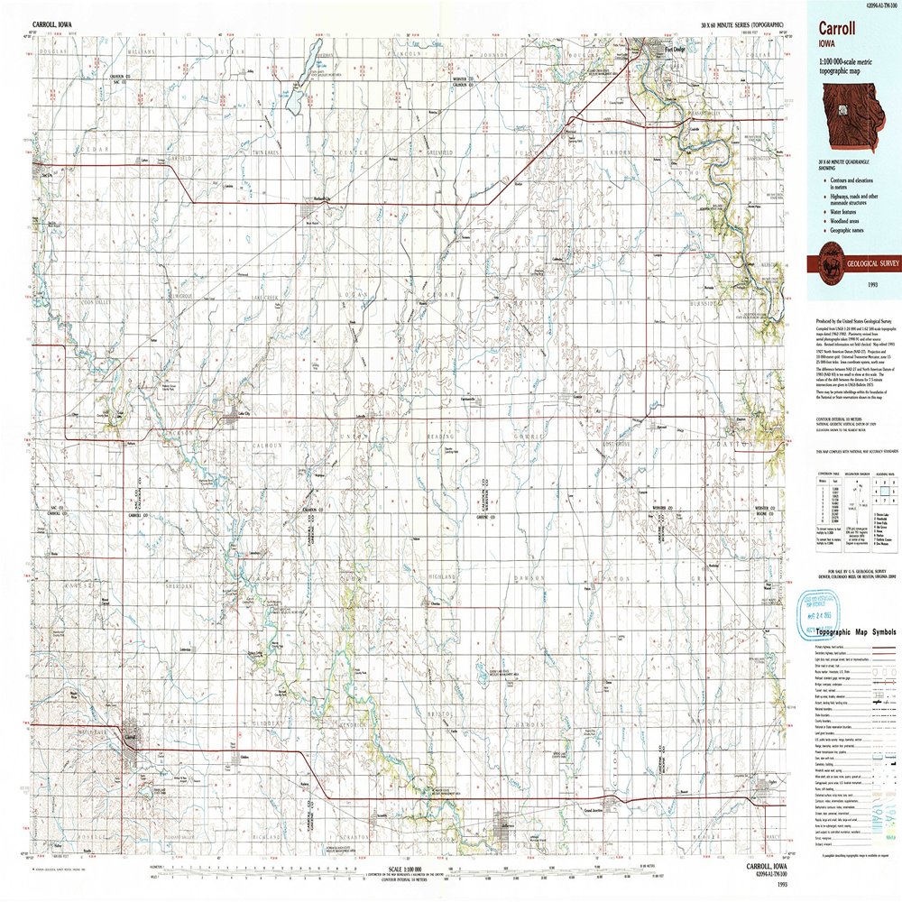 YellowMaps Carroll IA topo map, 1:100000 Scale, 30 X 60 Minute, Historical, 1993, Updated 1993, 24.1 x 39 in - Tyvek