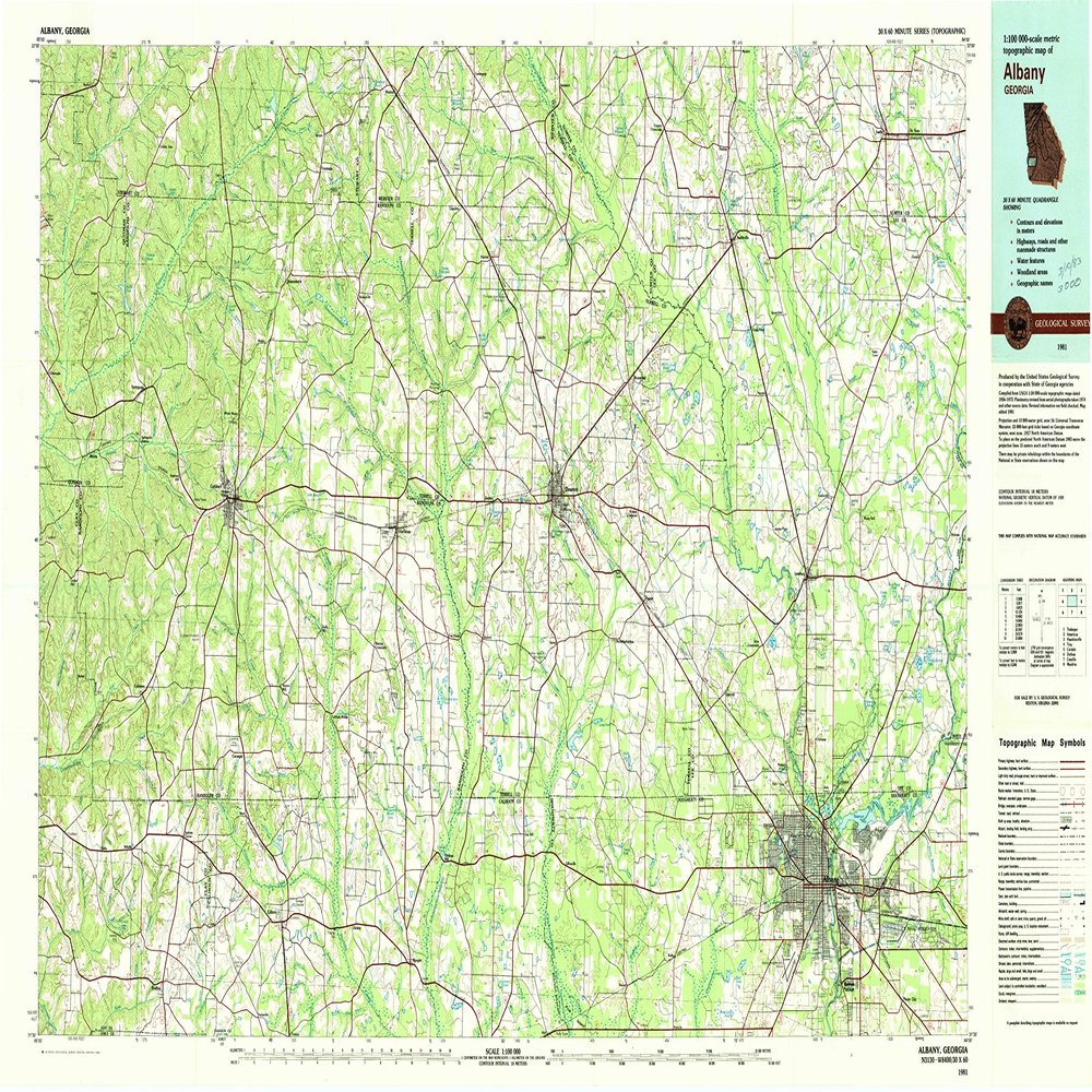 YellowMaps Albany GA topo map, 1:100000 Scale, 30 X 60 Minute, Historical, 1981, Updated 1982, 24.1 x 44 in - Tyvek