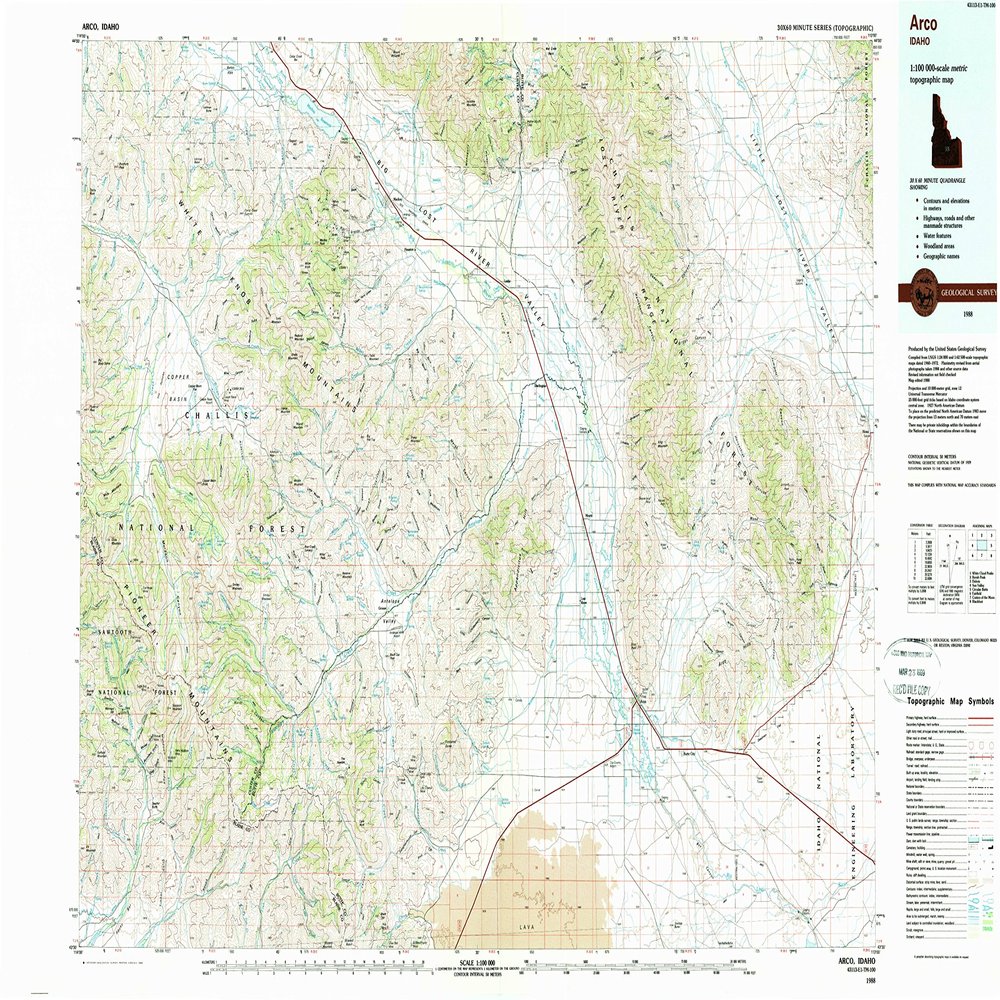 YellowMaps Arco ID topo map, 1:100000 Scale, 30 X 60 Minute, Historical, 1988, Updated 1989, 24.1 x 40 in - Tyvek