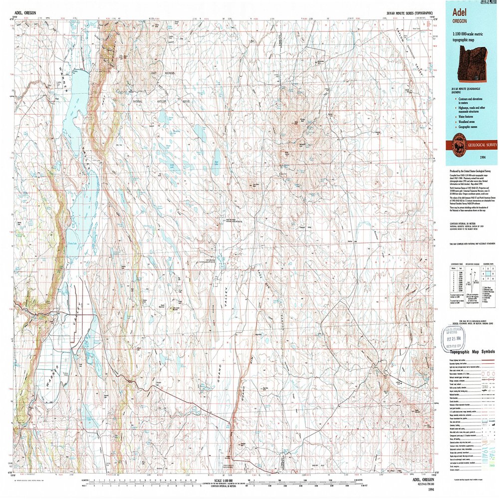YellowMaps Adel OR topo map, 1:100000 Scale, 30 X 60 Minute, Historical, 1994, Updated 1994, 24.1 x 38.7 in - Tyvek