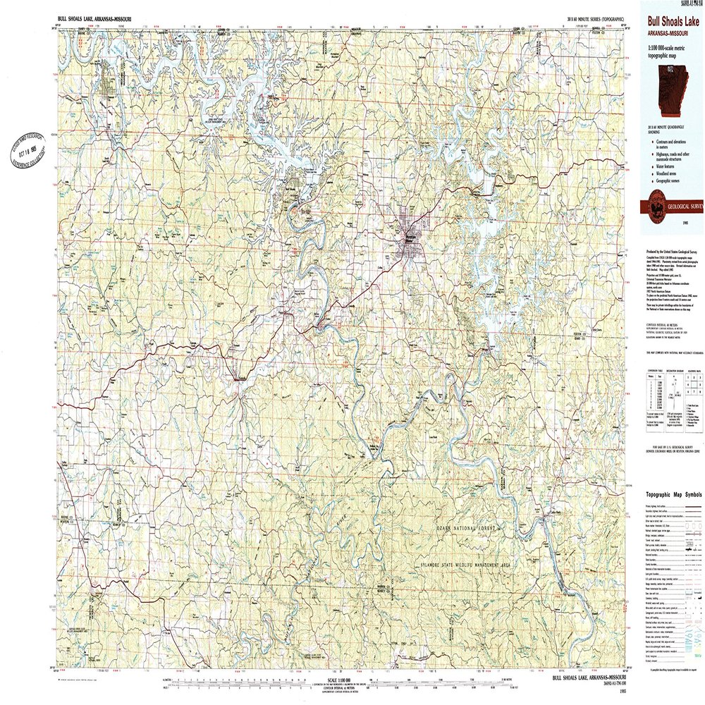 Bull Shoals Lake AR topo map, 1:100000 Scale, 30 X 60 Minute, Historical, 1985, Updated 1985, 24.1 x 44 in - Paper