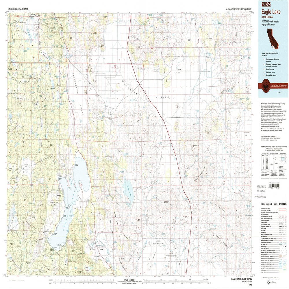 YellowMaps Eagle Lake CA topo map, 1:100000 Scale, 30 X 60 Minute, Historical, 1992, Updated 1992, 24.1 x 39.4 in - Tyvek