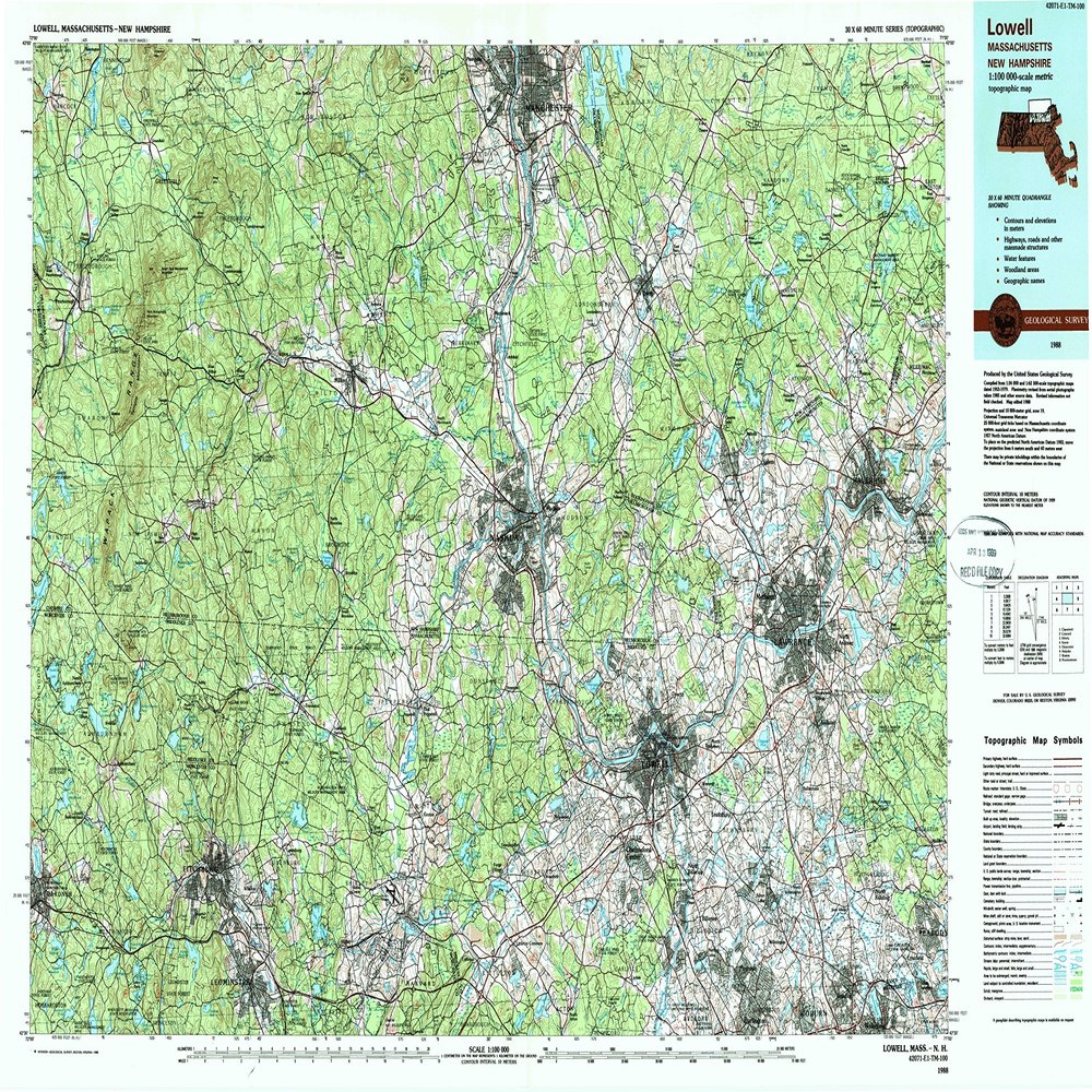 Lowell MA topo map, 1:100000 Scale, 30 X 60 Minute, Historical, 1988, Updated 1988, 24.1 x 38.5 in - Tyvek