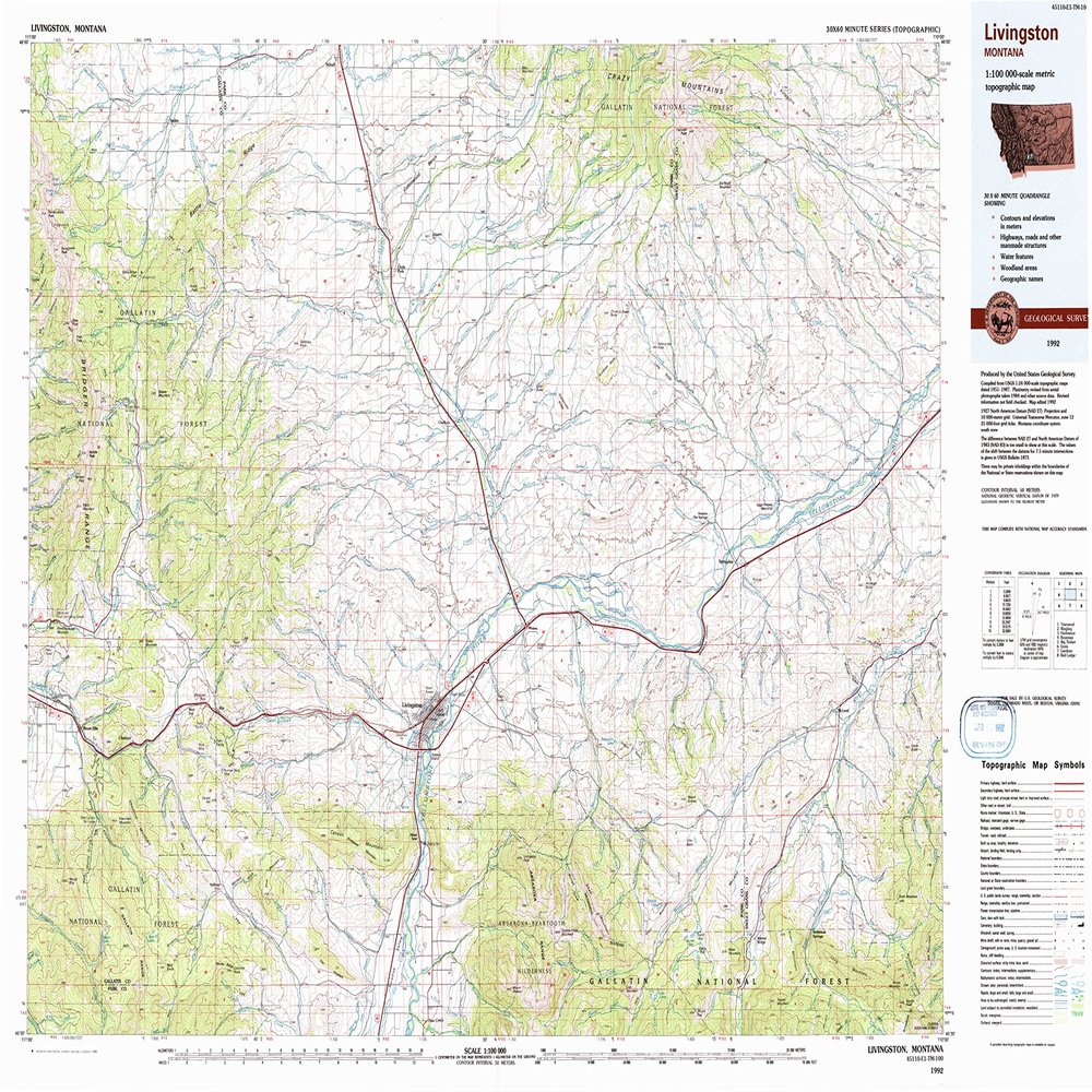 YellowMaps Livingston MT topo map, 1:100000 Scale, 30 X 60 Minute, Historical, 1992, Updated 1992, 24.1 x 36.7 in - Tyvek
