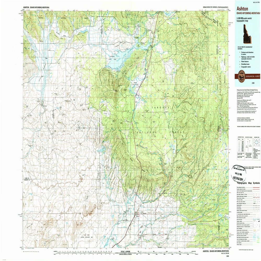 YellowMaps Ashton ID topo map, 1:100000 Scale, 30 X 60 Minute, Historical, 1989, Updated 1989, 24.1 x 39.9 in - Tyvek