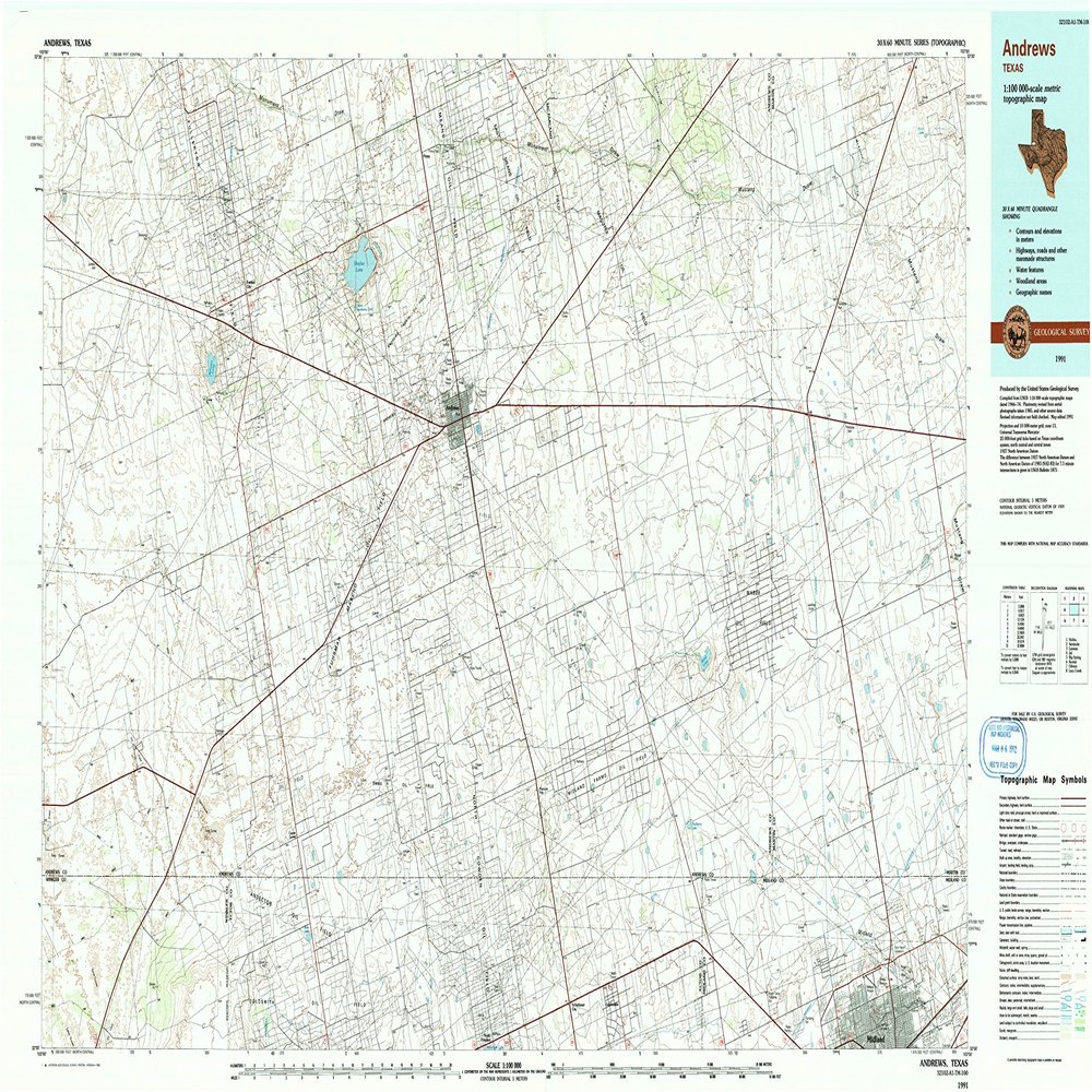 YellowMaps Andrews TX topo map, 1:100000 Scale, 30 X 60 Minute, Historical, 1991, Updated 1992, 24.1 x 43.9 in - Tyvek