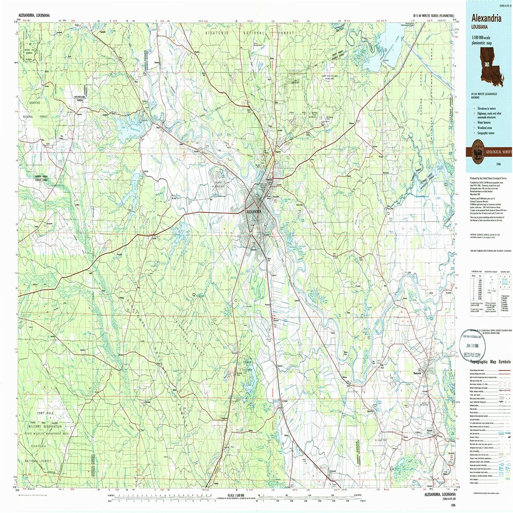YellowMaps Alexandria LA topo map, 1:100000 Scale, 30 X 60 Minute, Historical, 1986, Updated 1986, 24.1 x 44 in - Tyvek