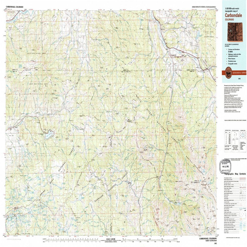 YellowMaps Carbondale CO topo map, 1:100000 Scale, 30 X 60 Minute, Historical, 1982, Updated 1983, 24 x 39.9 in - Tyvek