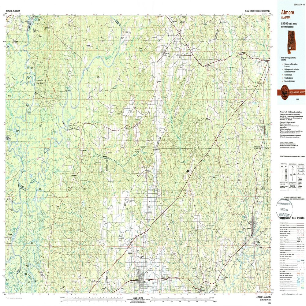 YellowMaps Atmore AL topo map, 1:100000 Scale, 30 X 60 Minute, Historical, 1986, Updated 1989, 24 x 43.3 in - Tyvek
