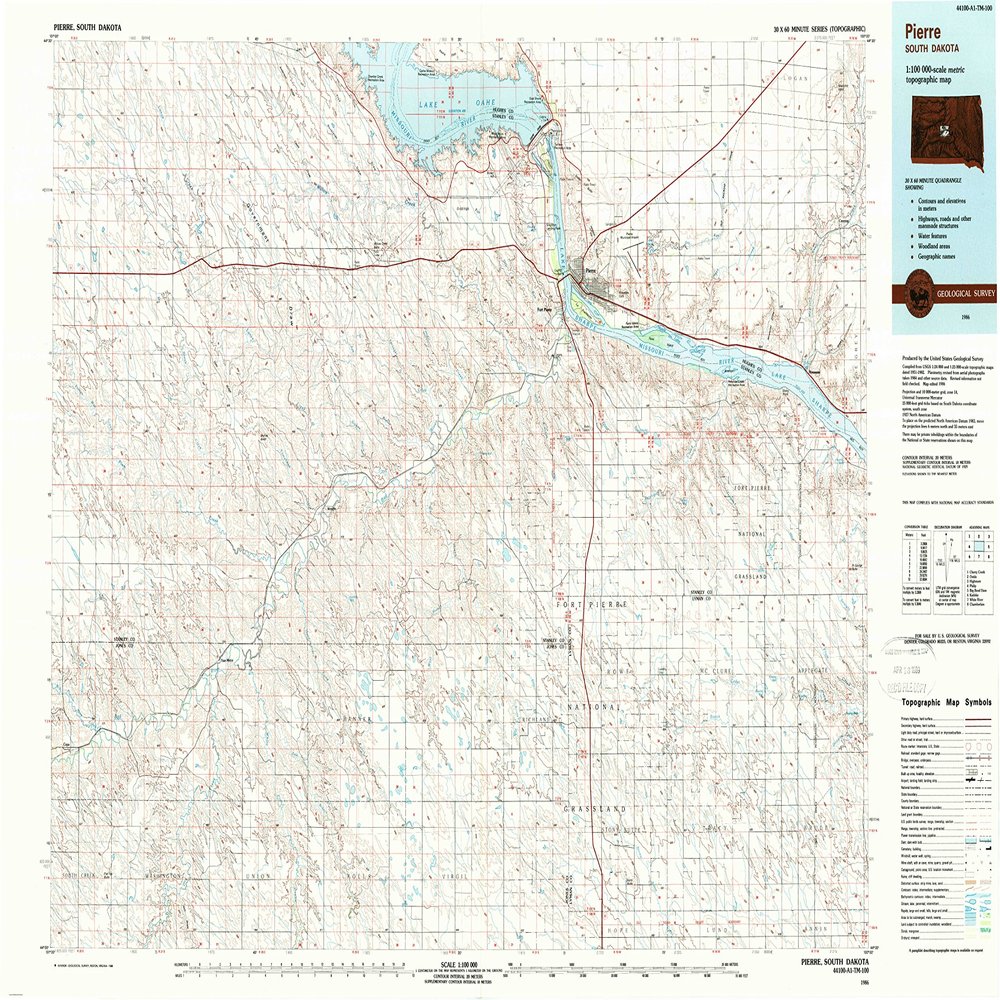 YellowMaps Pierre SD topo map, 1:100000 Scale, 30 X 60 Minute, Historical, 1986, Updated 1988, 24.1 x 38.6 in - Tyvek
