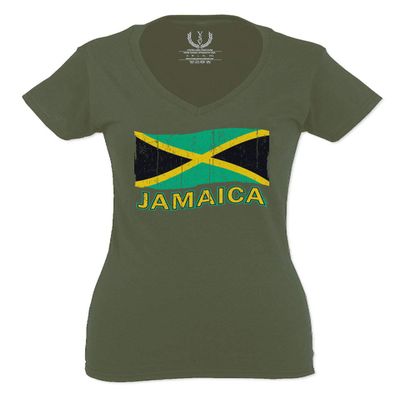 0052. Carribean Outfit Jamaica Jamaican National Country Flag for Women V Neck Fitted T Shirt (Olive Medium)