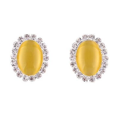 Bridal Rhinestone Opal Oval Shape Clip on Earrings for Women Charm Jewelry No Hole Ear Clip (Yellow)