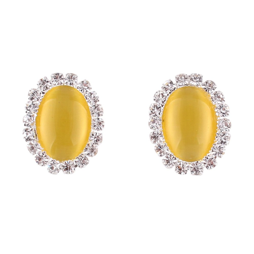 Bridal Rhinestone Opal Oval Shape Clip on Earrings for Women Charm Jewelry No Hole Ear Clip (Yellow)