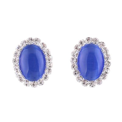 Bridal Rhinestone Opal Oval Shape Clip on Earrings for Women Charm Jewelry No Hole Ear Clip (Blue A)