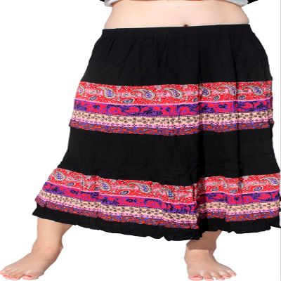 Full Funk Elastic Waist Capri Skirt Crumpled Thai Paisley Artwork, Large, Black
