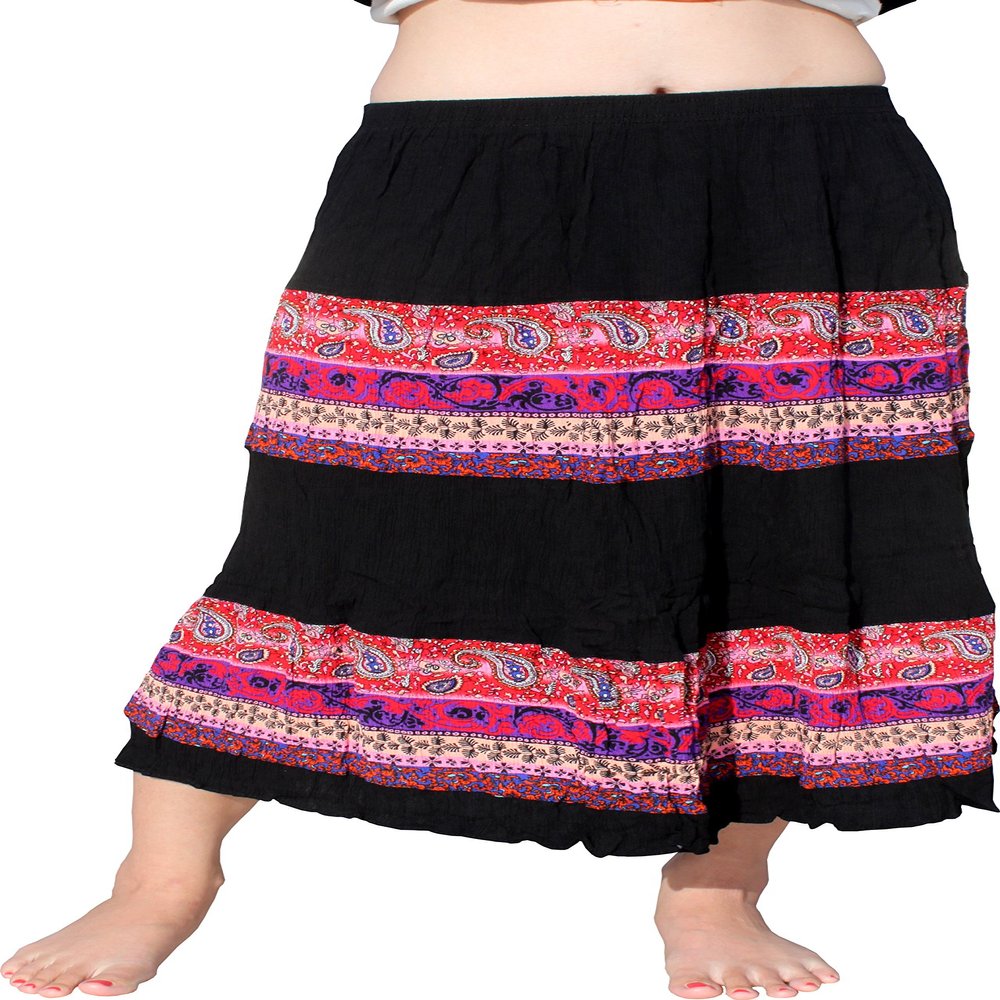 Full Funk Elastic Waist Capri Skirt Crumpled Thai Paisley Artwork, Large, Black