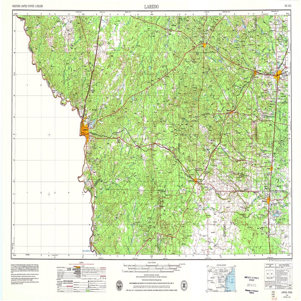YellowMaps Laredo TX topo map, 1:250000 Scale, 1 X 2 Degree, Historical, 1956, Updated 1979, 22 x 34.3 in - Tyvek