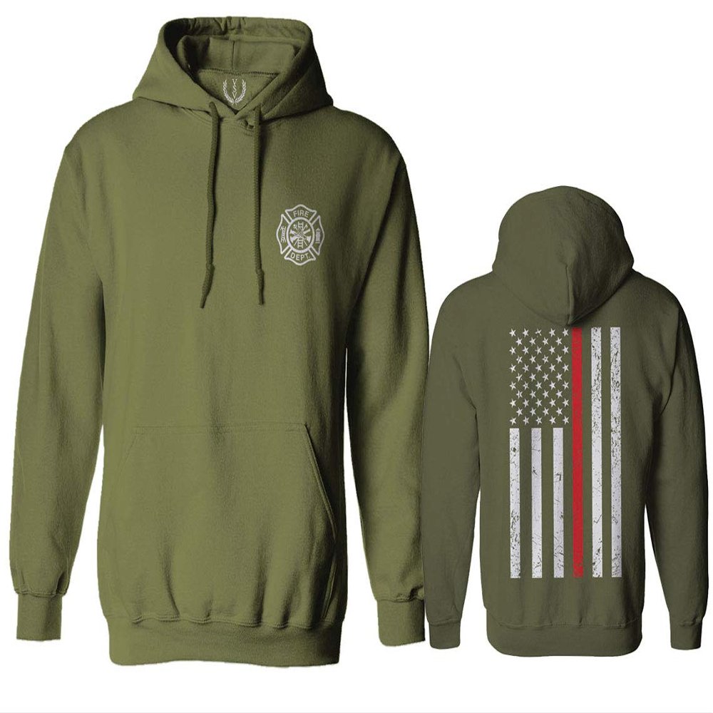 0058. American Flag Thin Red Line Firefighter Support Seal Sweatshirt Pullover Hoodie (Olive, Small)