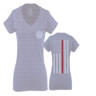 0058. American Flag Thin Red Line Firefighter Support Seal for Women V Neck Fitted T Shirt (Light Gray Small)