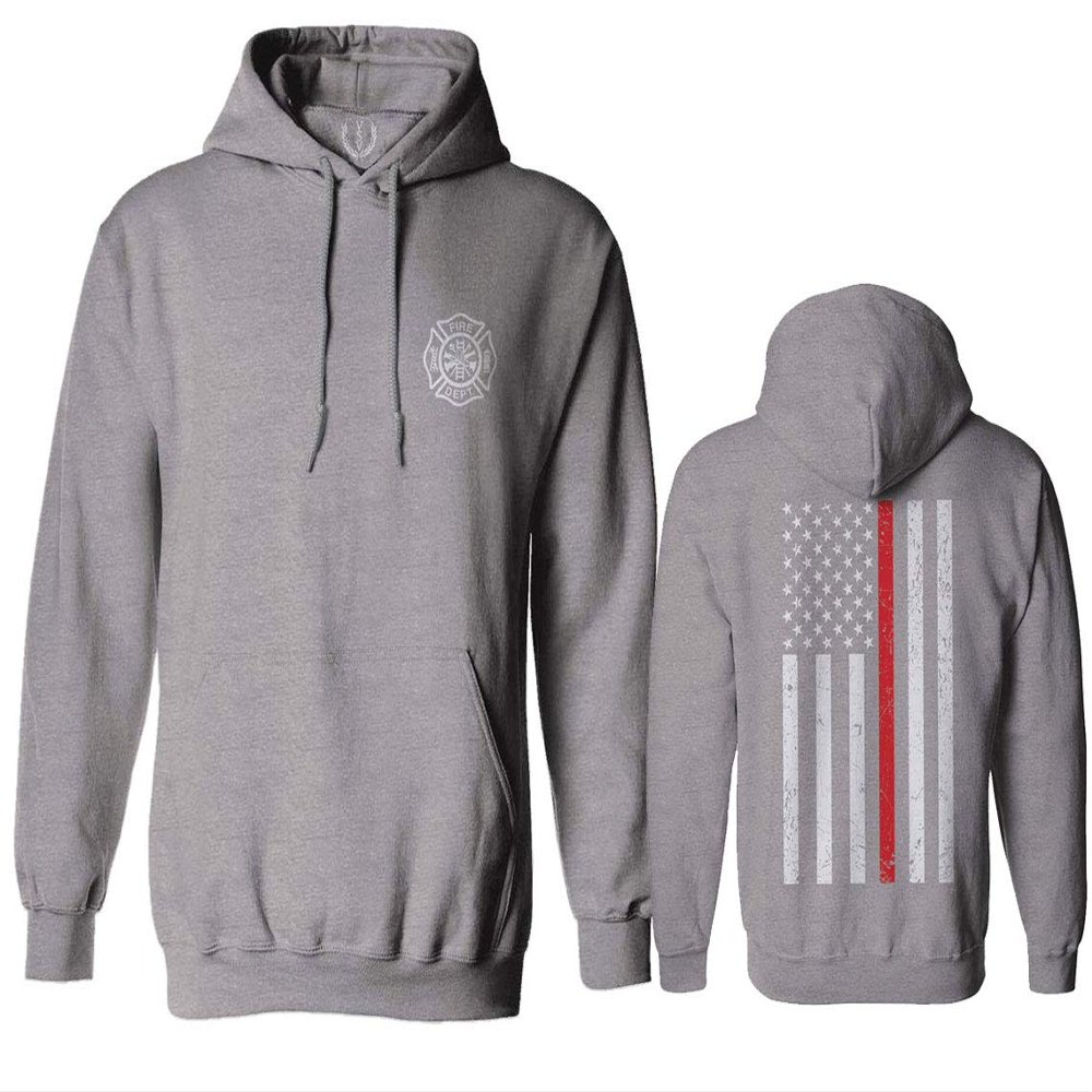 0058. American Flag Thin Red Line Firefighter Support Seal Sweatshirt Pullover Hoodie (Light Gray, Small)