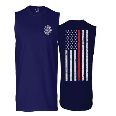 0058. American Flag Thin Red Line Firefighter Support Seal Men's Muscle Tank Sleeveles t Shirt (Navy Small)