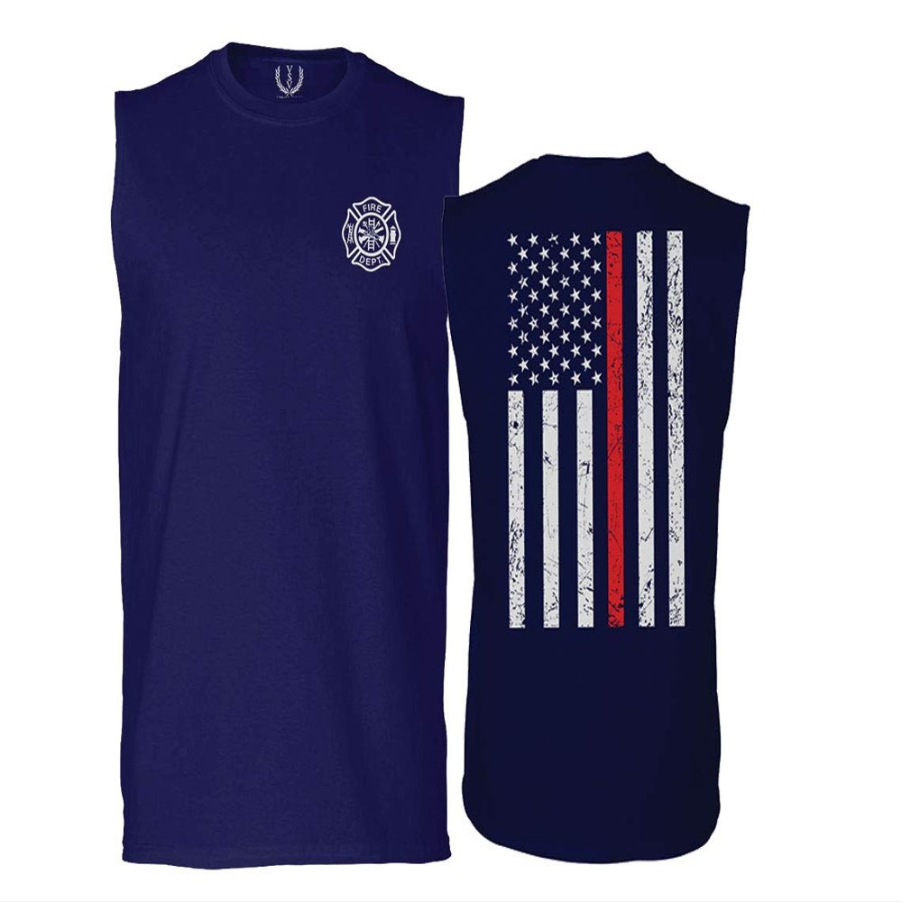 0058. American Flag Thin Red Line Firefighter Support Seal Men's Muscle Tank Sleeveles t Shirt (Navy Small)