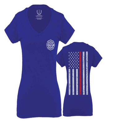 0058. American Flag Thin Red Line Firefighter Support Seal for Women V Neck Fitted T Shirt (Royal Small)