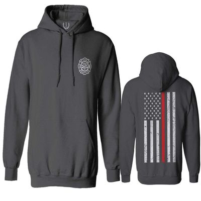 0058. American Flag Thin Red Line Firefighter Support Seal Sweatshirt Pullover Hoodie (Charcoal, Small)