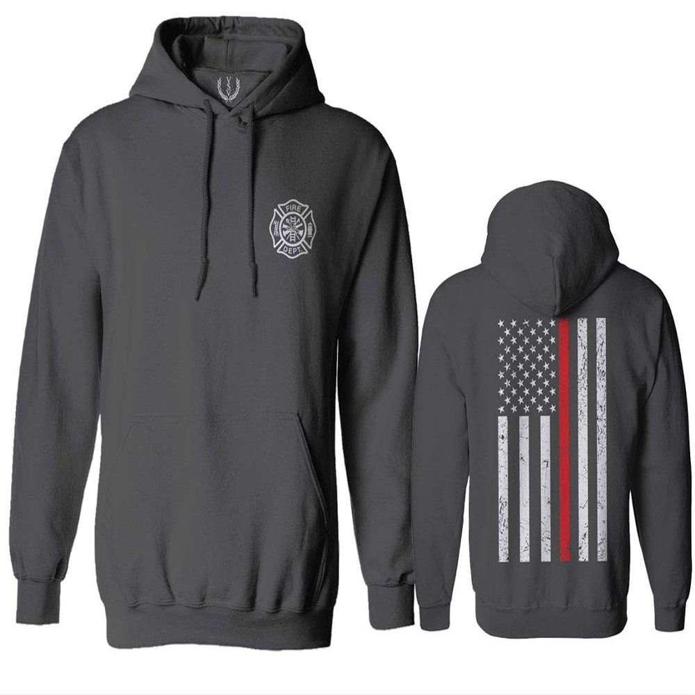 0058. American Flag Thin Red Line Firefighter Support Seal Sweatshirt Pullover Hoodie (Charcoal, Small)